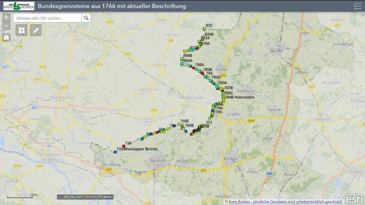 Digitale Karte der Grenzsteine zwischen Achterhoek und Münsterland.