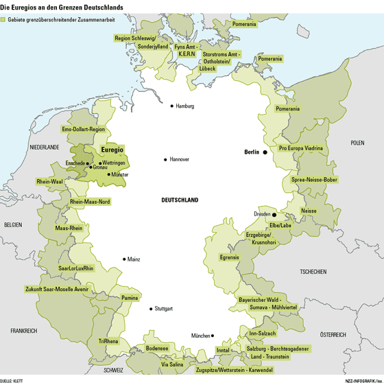 Die Euregios entalng der deutschen Grenze (Quelle: NZZ Grafik)