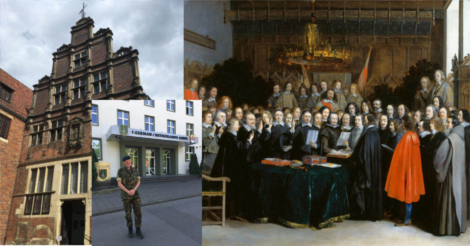 Krameramtshaus Münster; Hauptsitz 1. dt-nl Korps Münster (A. Bloch Pfister); Gerard Terborch, Frieden von Münster (Public Domain)