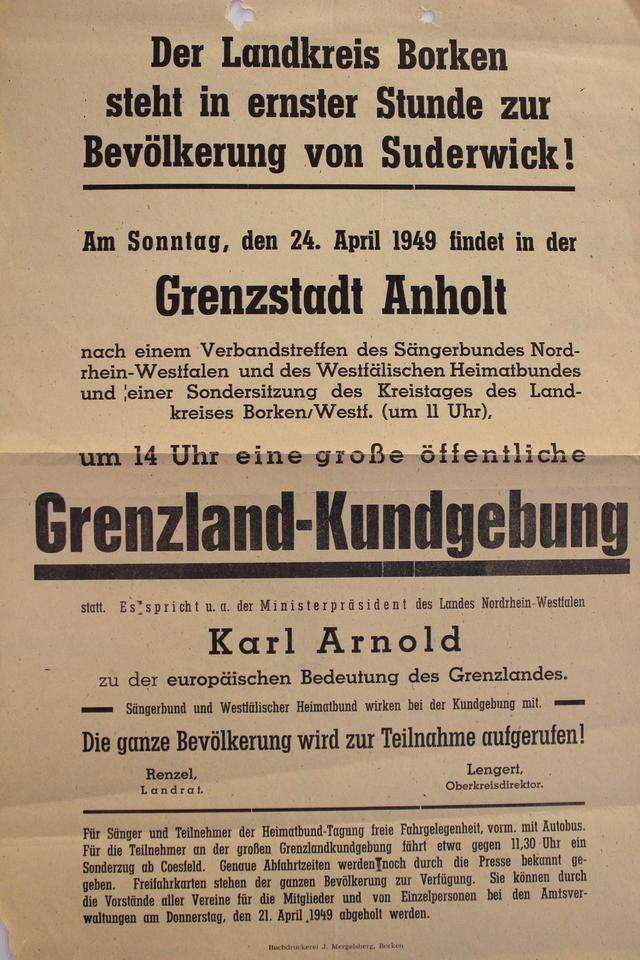 Aufruf zur Grenzlandkundgebung gegen die Abtretung deutscher Gebiete an die Niederlande am 24.4.1949 in Anholt.