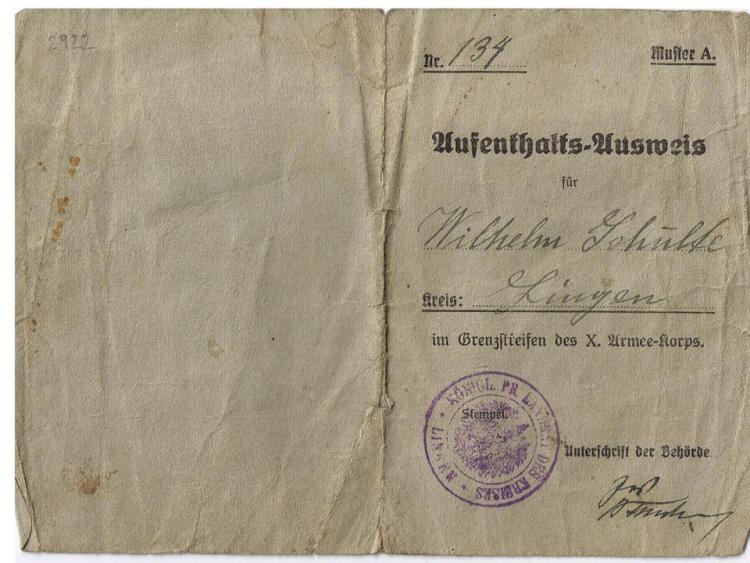 Alter Papierausweis von 1917 von Wilhelm Schulte